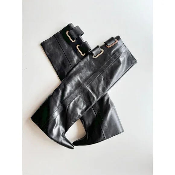 BALENCIAGA Astrogirl Black Leather TK Over The Knee Tall Wedge Boots, Size 